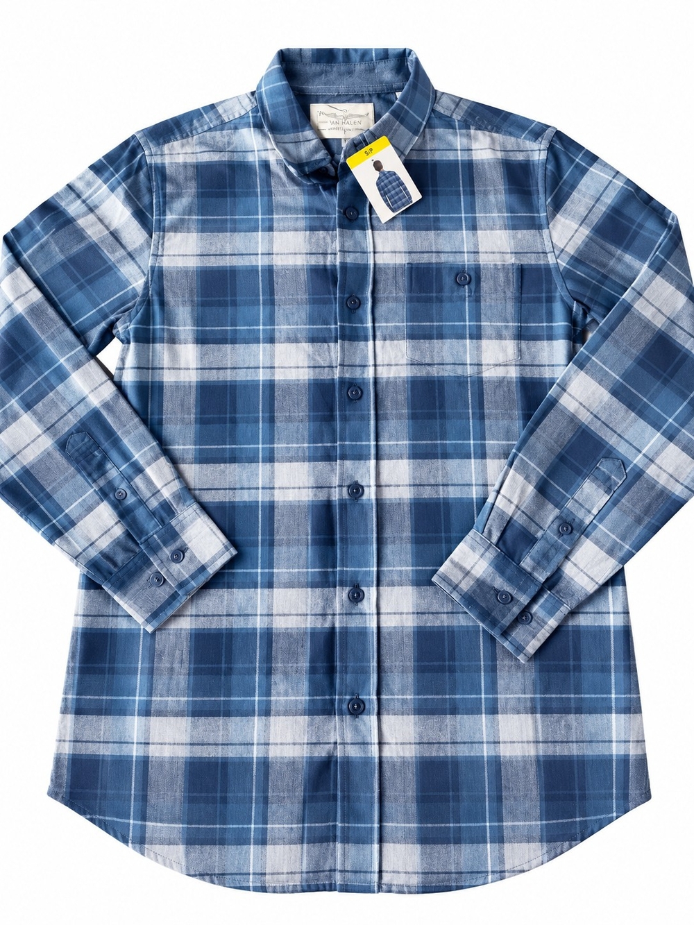 Original Weatherproof Vintage Blue and White Plaid Long-Sleeve Button-Down Shirt